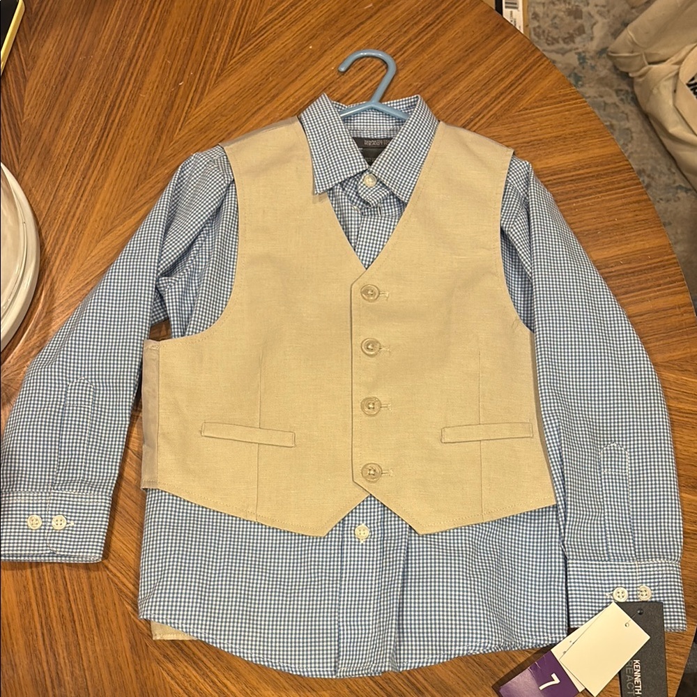 Kenneth Cole Kid’s Blue Checkered Shirt with Beige Vest